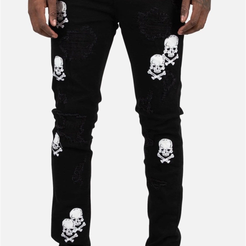 Preme Men's Black Slim Jeans with Skull Design - Picture 2 of 8